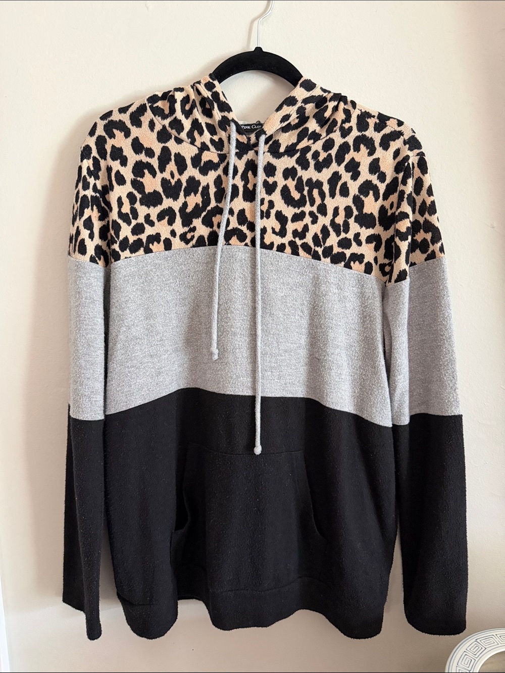 Pink Clover Leopard Colorblock Zip Hoodie - Black/Gray/Tan